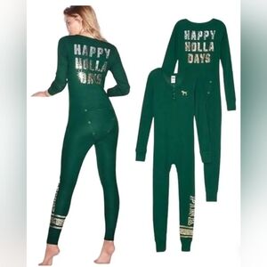 Pink Victoria's Secret green gold sequined onesie pajamas size XS